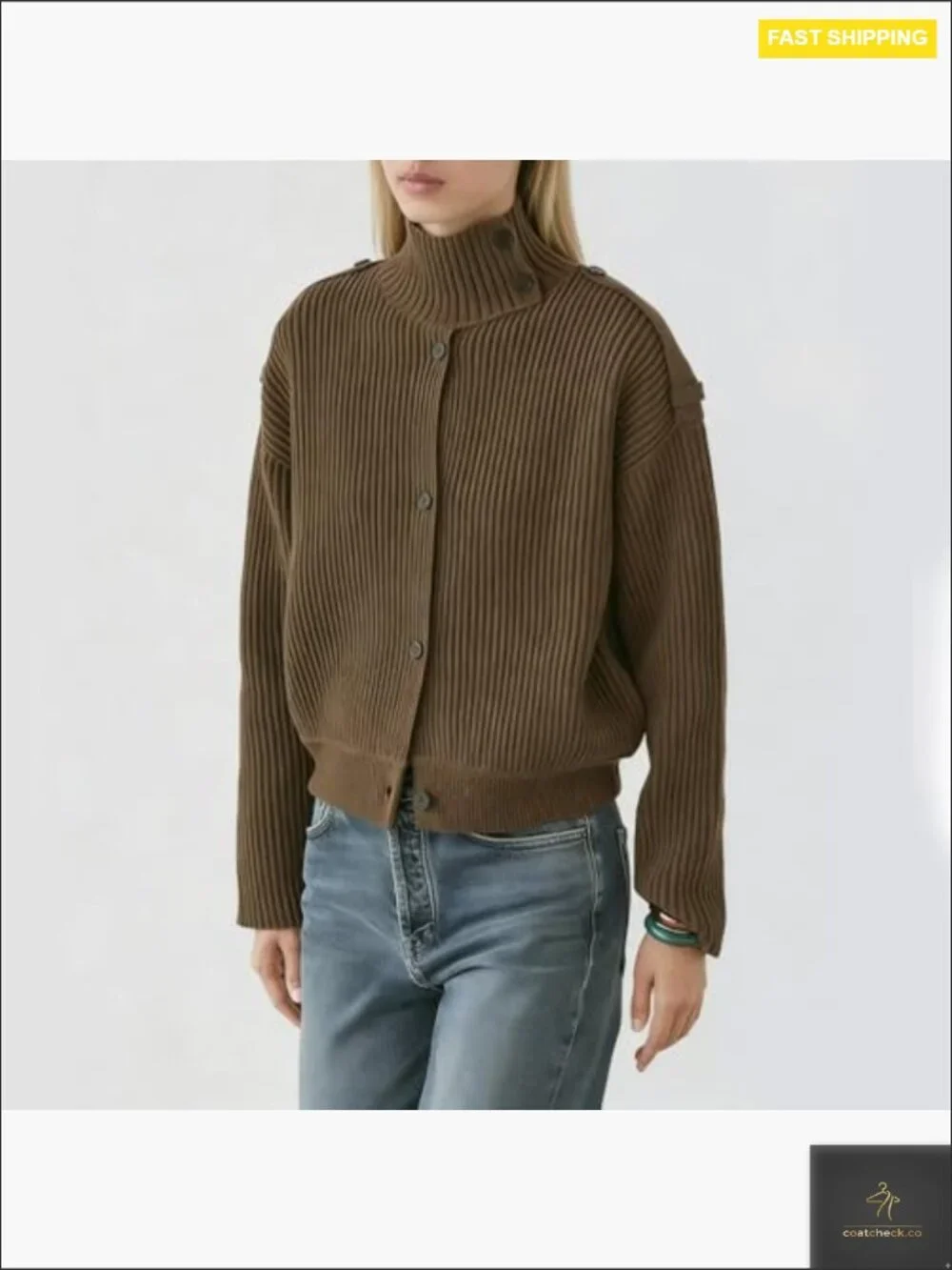 Cropped Cardigan Turtleneck Knit Coat Button Front Casual Elegant Fall Outfit - Picture 2 of 5